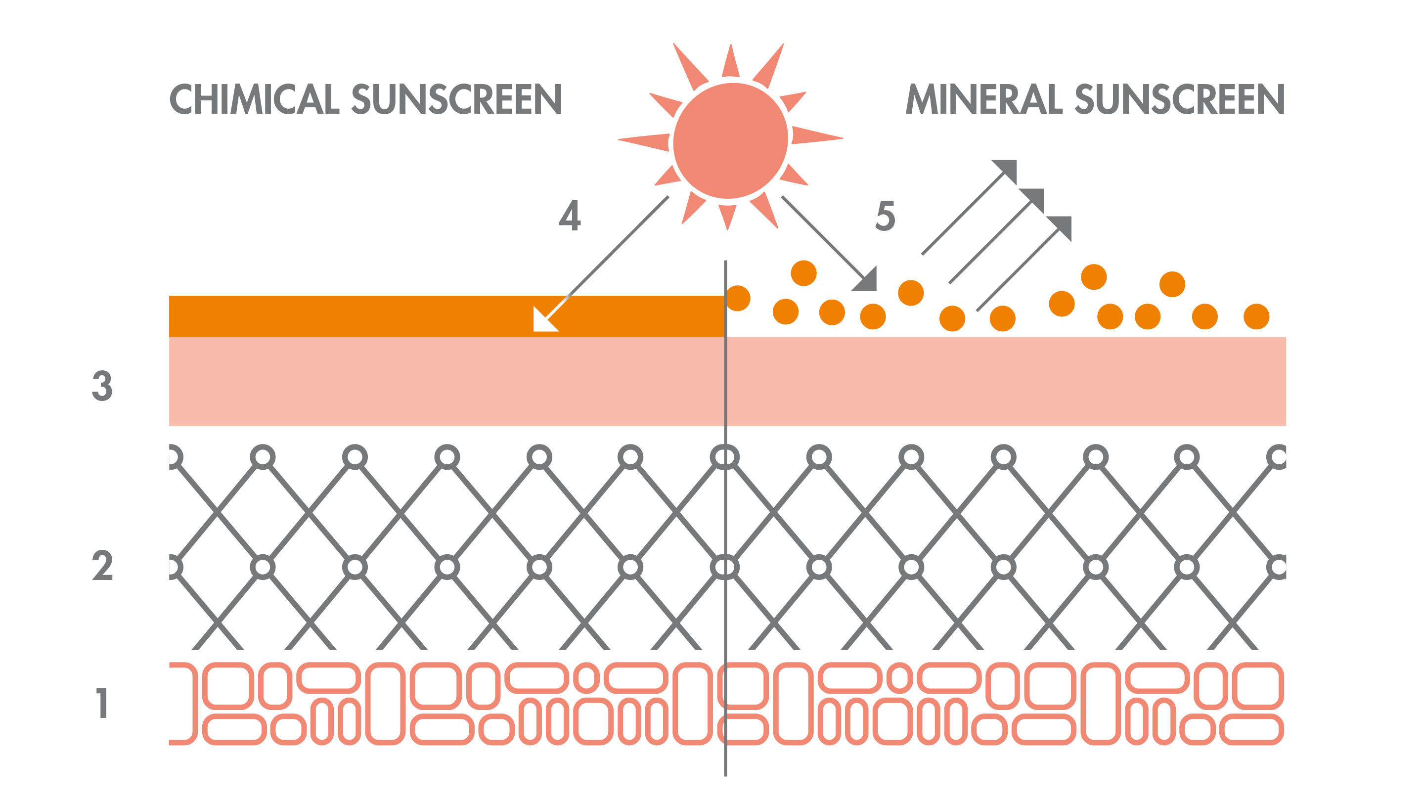 Illustrasjon som viser forskjellen på kjemisk og mineral solkrem og hvordan de beskytter mot UV‑stråler.